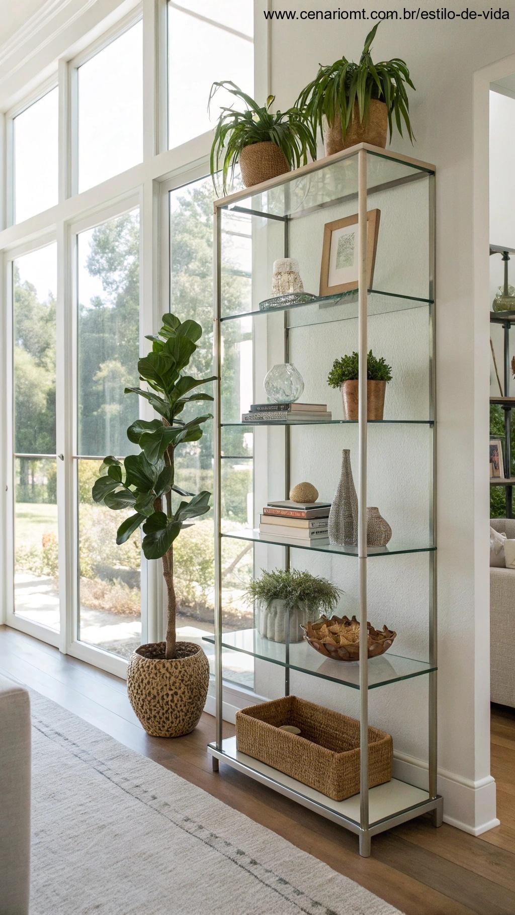 Prateleiras de vidro usadas para exibir diversos itens decorativos, como plantas, livros e obras de arte, em uma sala de estar moderna e arejada.