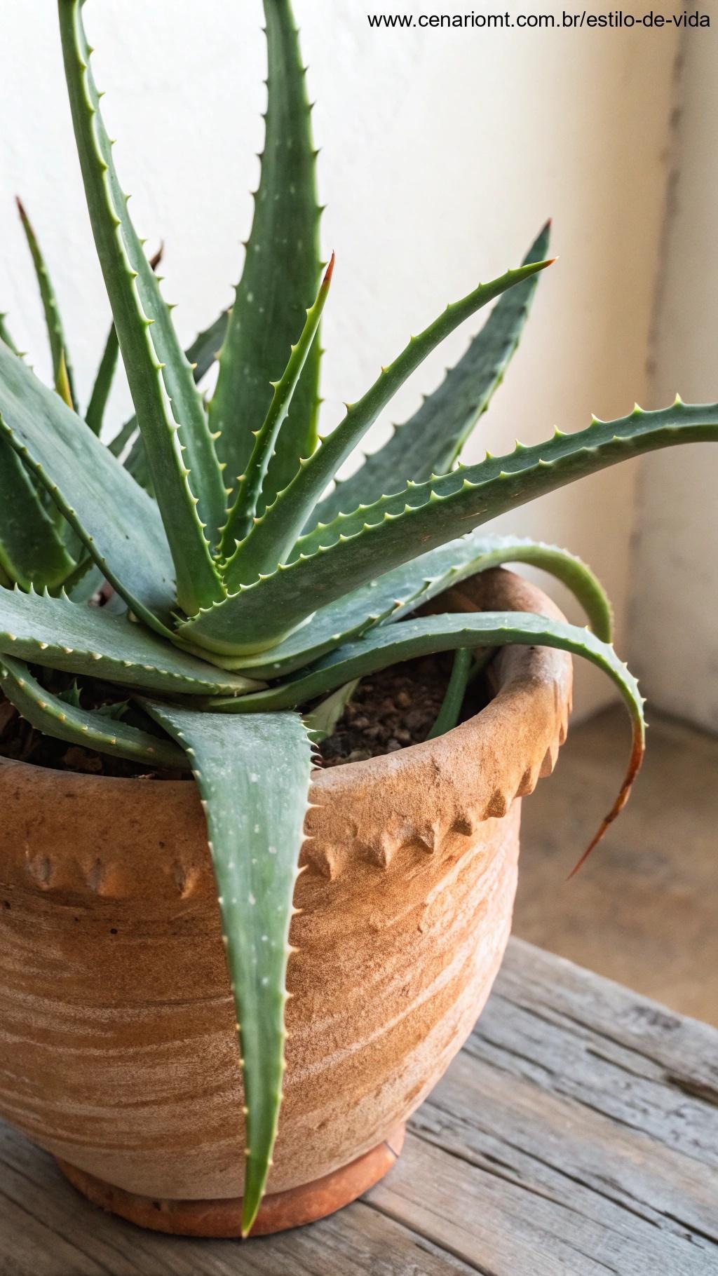Planta Babosa com folhas grossas em um vaso de terracotta