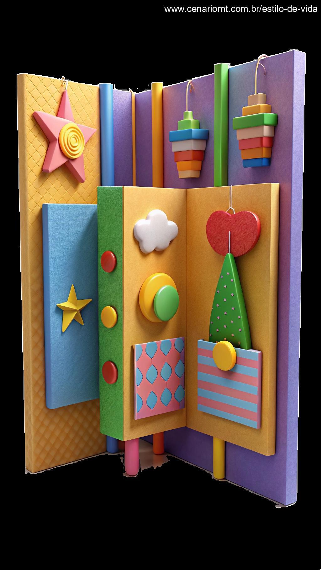 Painéis de cartolina com desenhos coloridos, usados como decoração de parede para festa infantil.