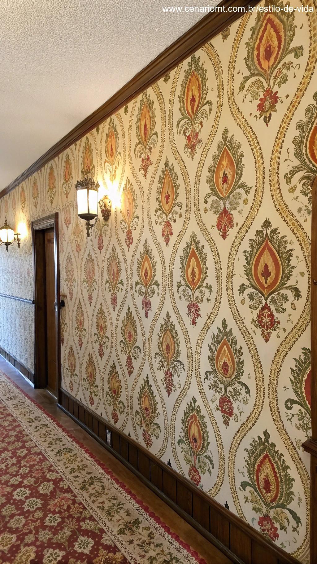 Decoração de parede estilo vintage com papel de parede reciclado, trazendo um charme nostálgico para o ambiente.
