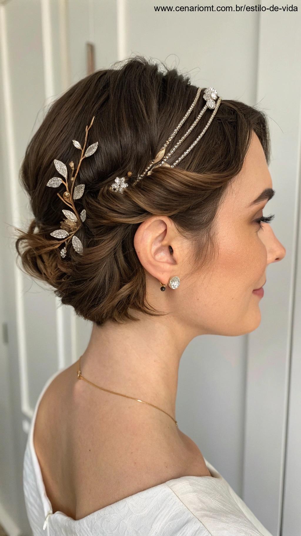 Penteado curto decorado com acessórios como grampos e tiaras para um visual elegante.