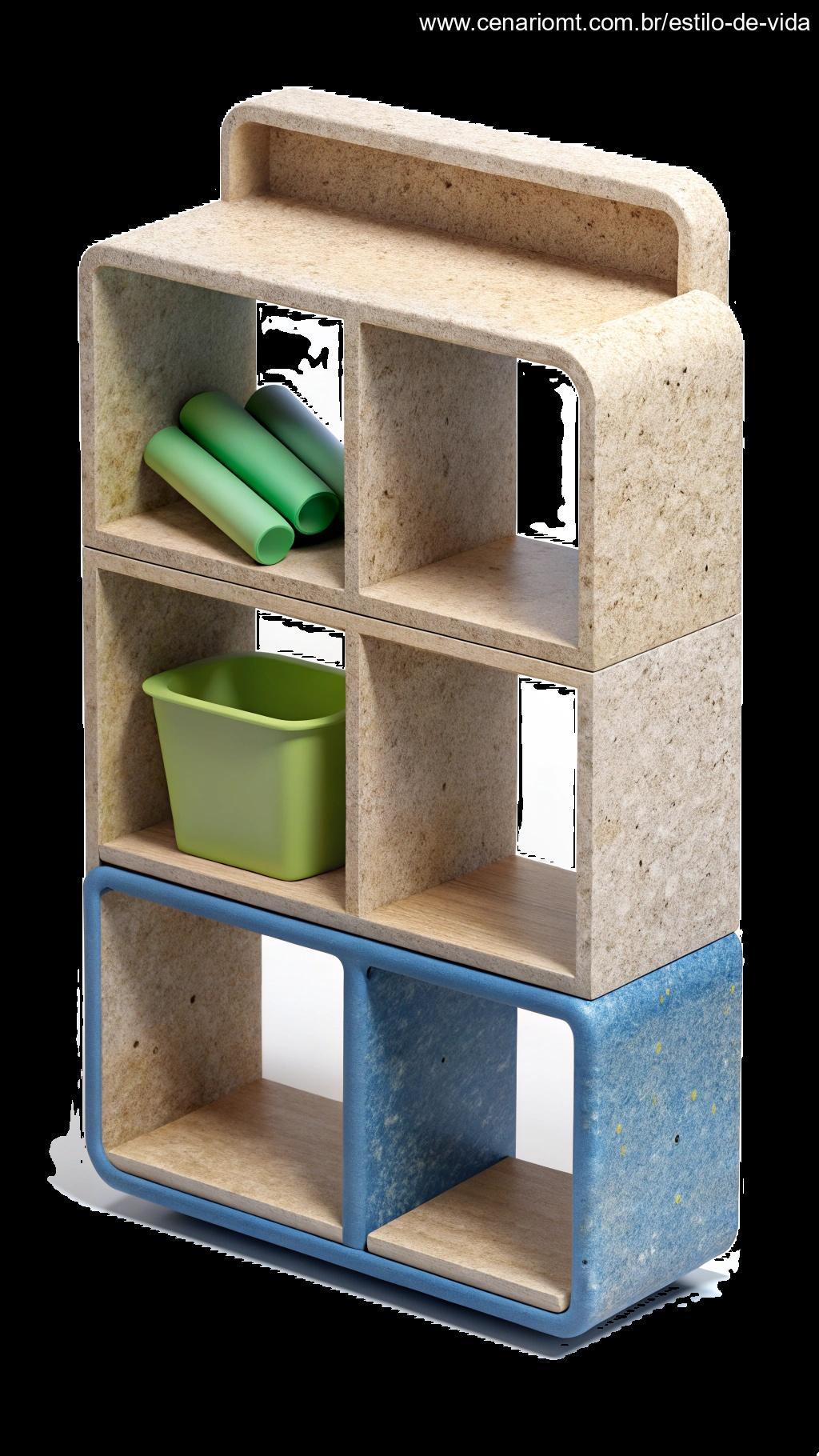 Prateleiras e estantes modernas feitas com plástico reciclado, combinando funcionalidade com sustentabilidade.