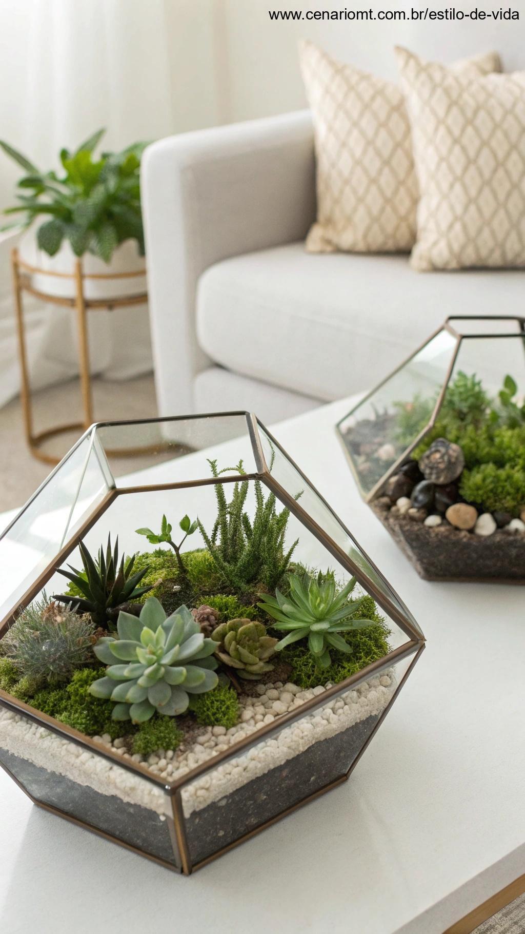 Terrários modernos feitos de recipientes de vidro, preenchidos com pequenas plantas e elementos decorativos, sobre uma mesa de café em um ambiente minimalista.
