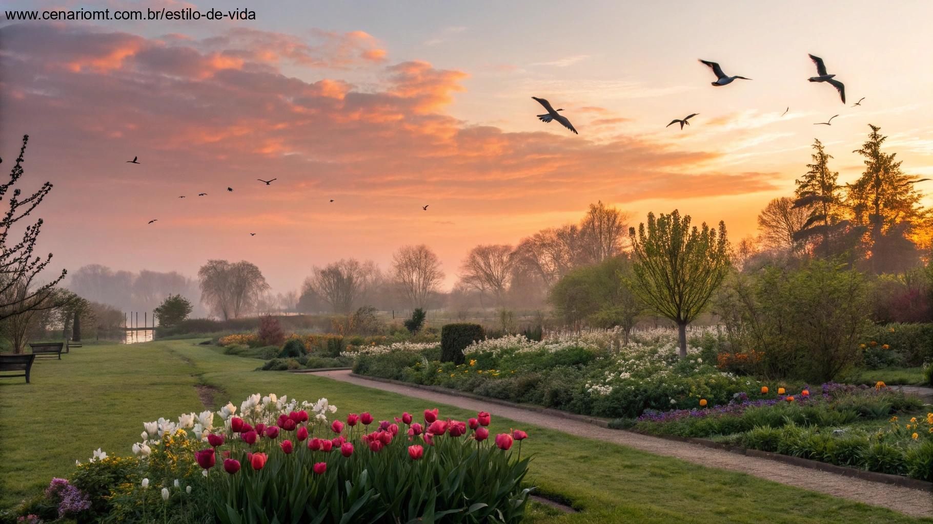 Um novo dia surgindo com cores vibrantes no céu, aves voando e flores frescas desabrochando em um jardim tranquilo, simbolizando um novo começo.