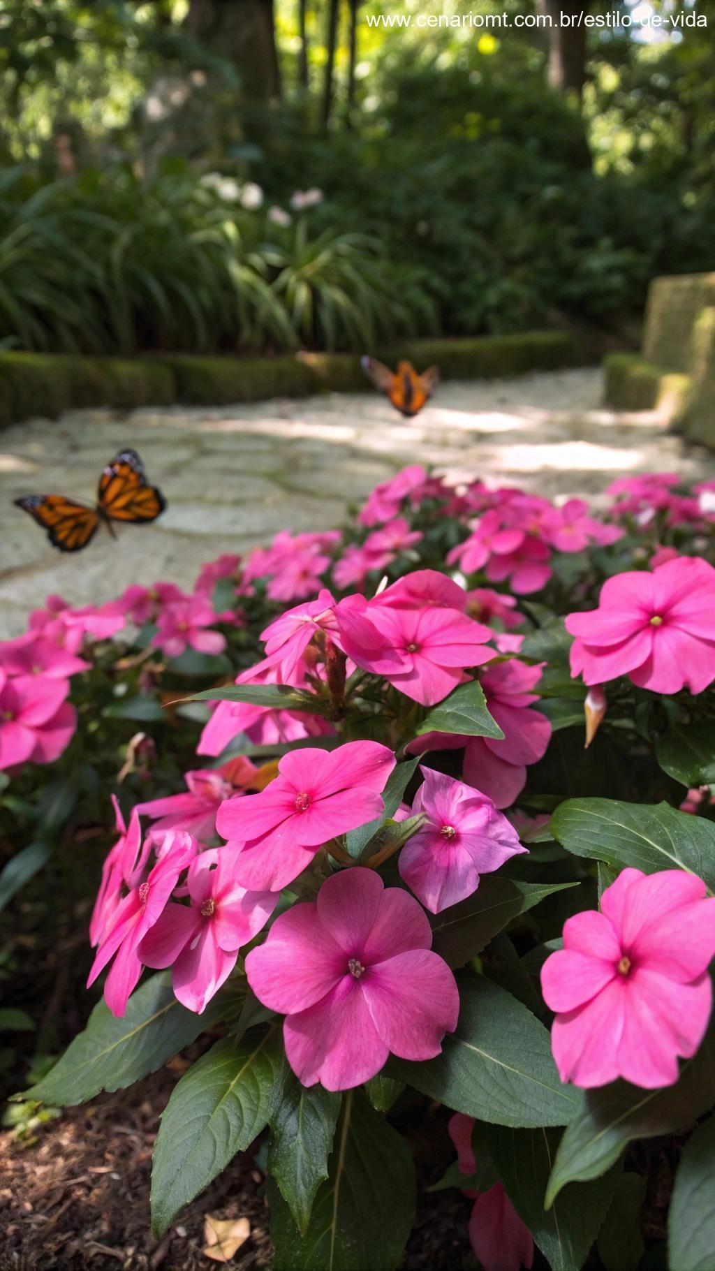Beijo-pintado cor-de-rosa em jardim sombreado com borboletas
