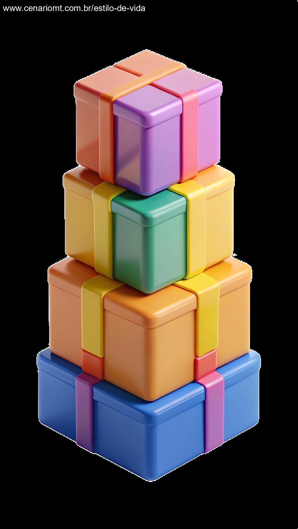 Caixinhas de papelão usadas como decoração de festa infantil, empilhadas e pintadas com cores vibrantes.