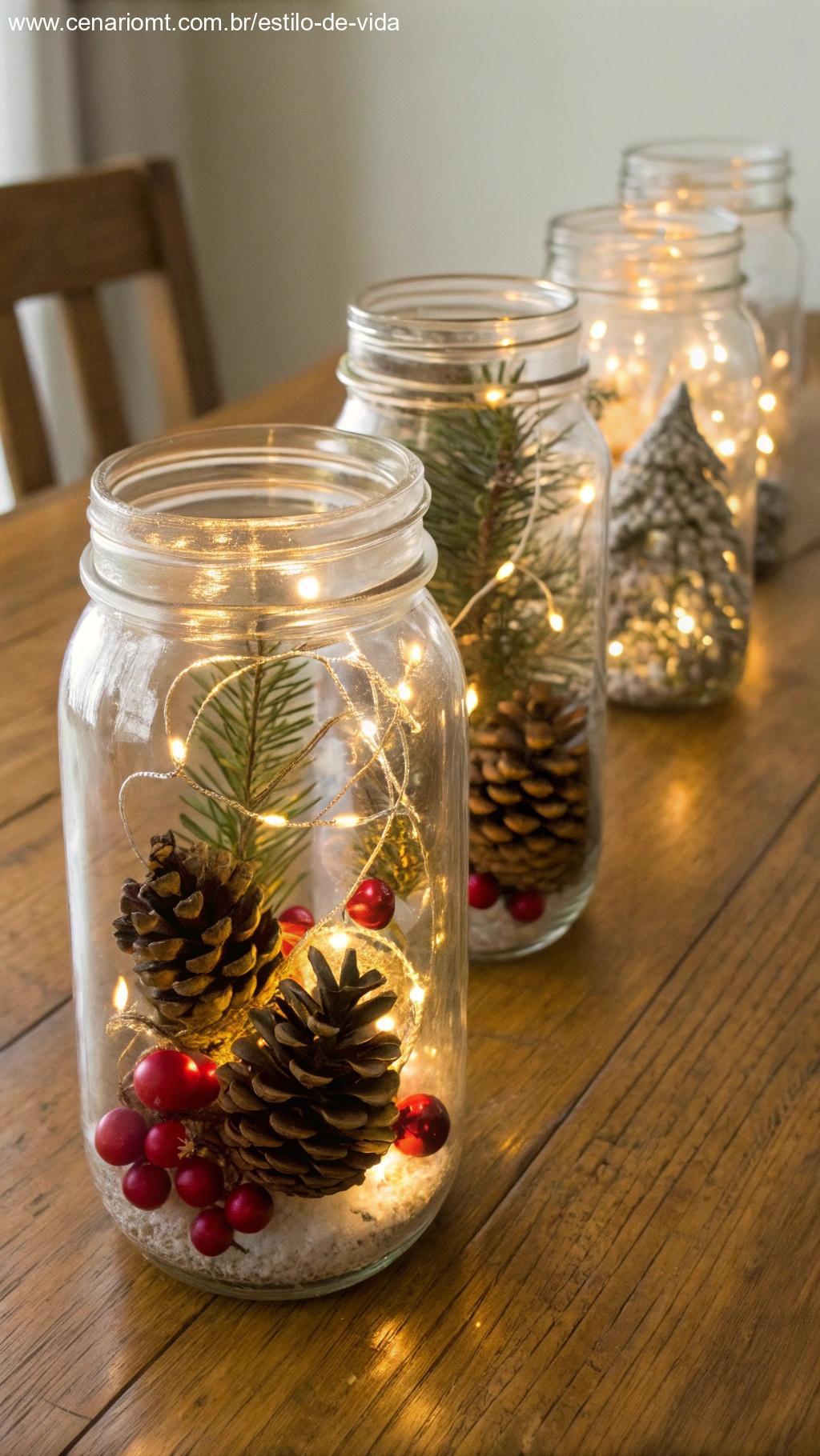 Decoração de natal com potes de vidro.