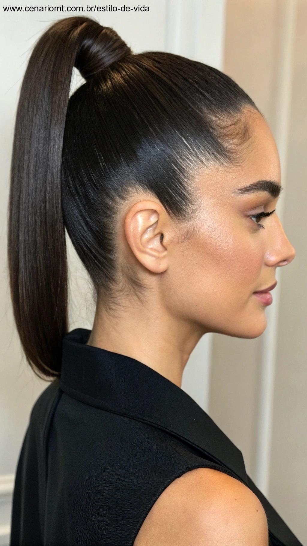 Rabo de cavalo alto com look liso e polido, perfeito para cabelos curtos.