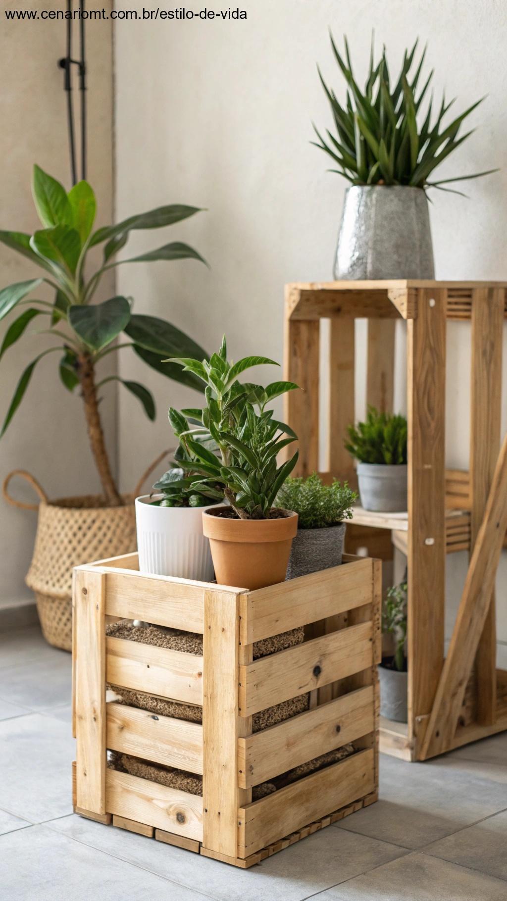 Suporte para plantas feito de caixotes de madeira.