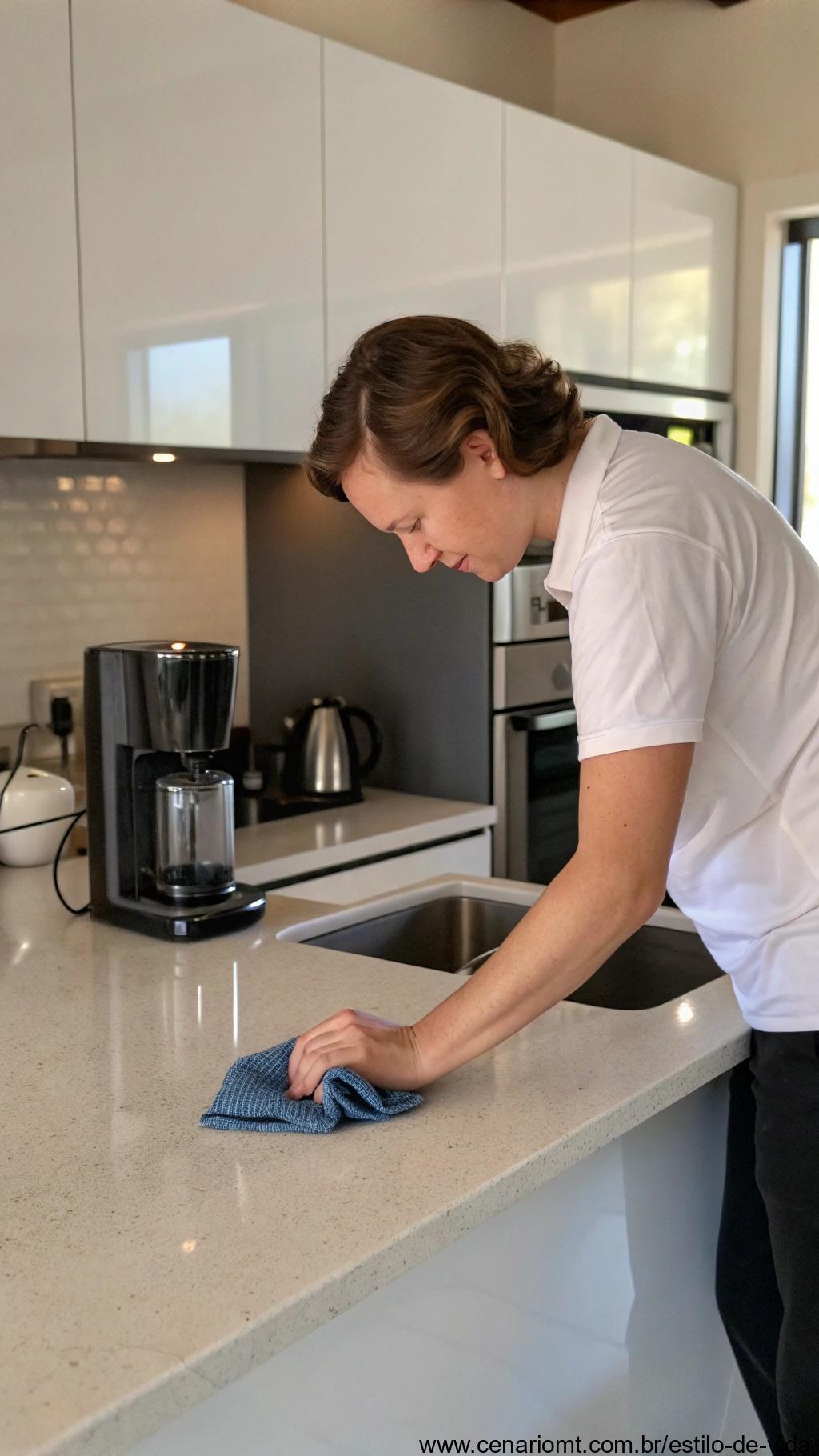 Pessoa limpando bancada da cozinha rapidamente