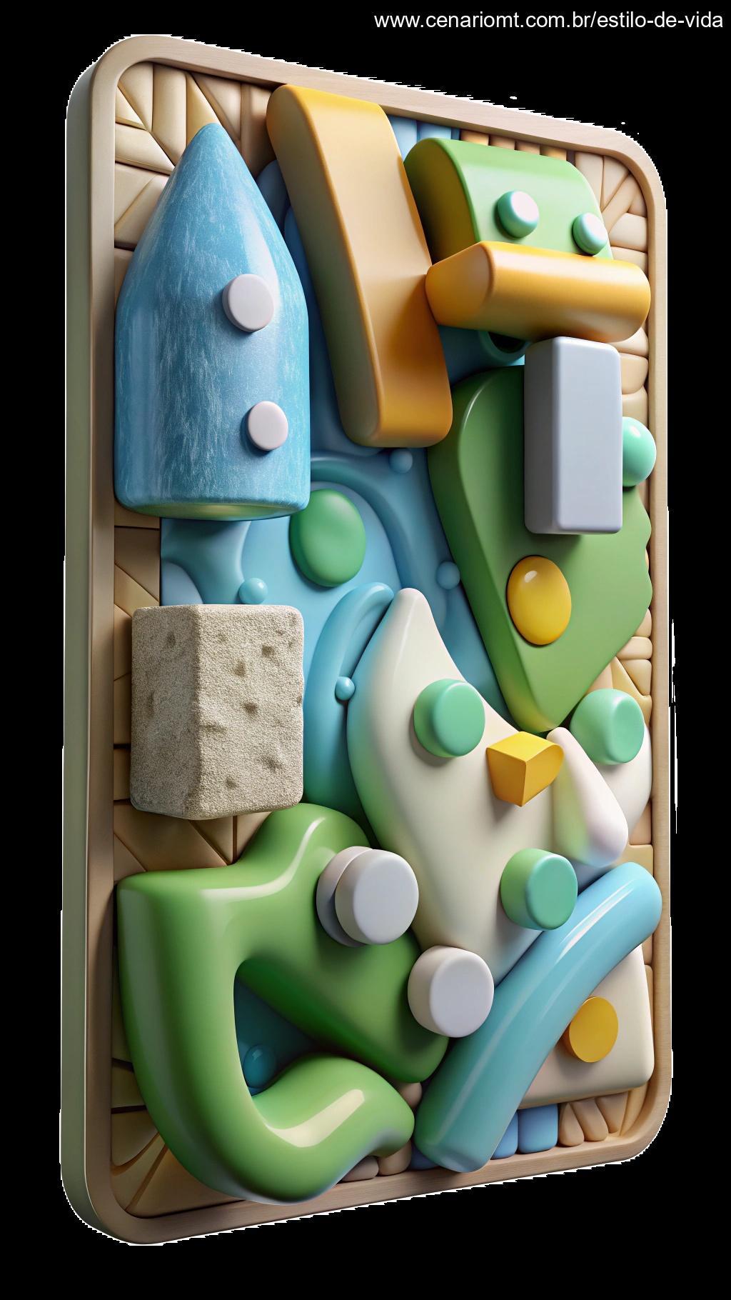 Arte em parede feita com plástico reciclado, com expressões artísticas e materiais ecológicos.