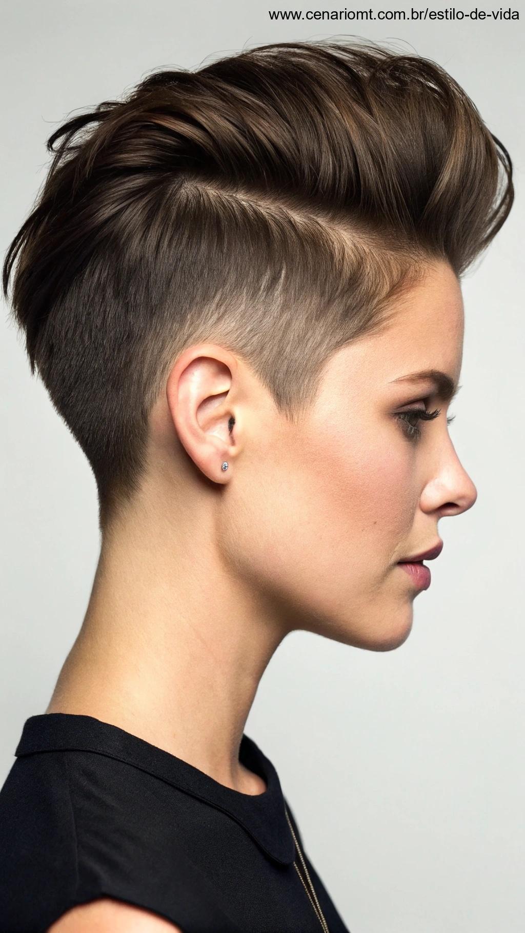 Corte curto com volume na parte de trás, proporcionando um estilo moderno e ousado.