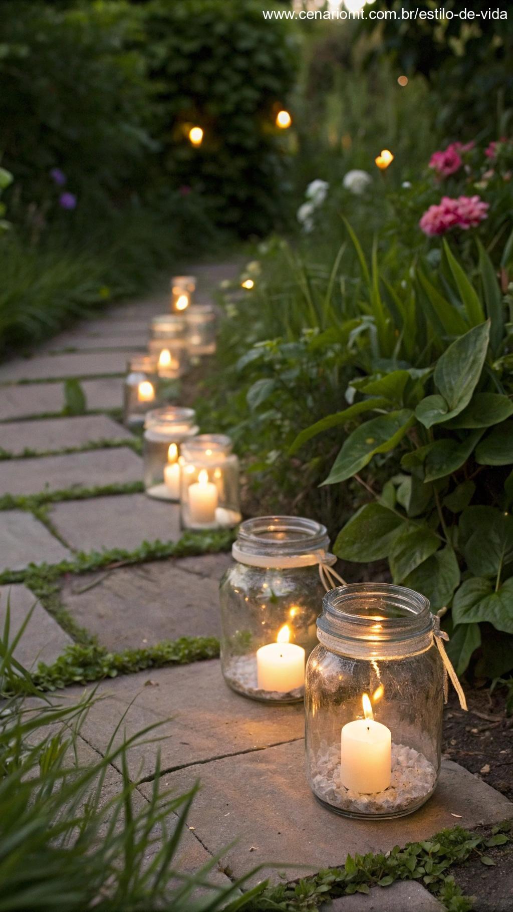 Luminária de jardim feita com potes de vidro.