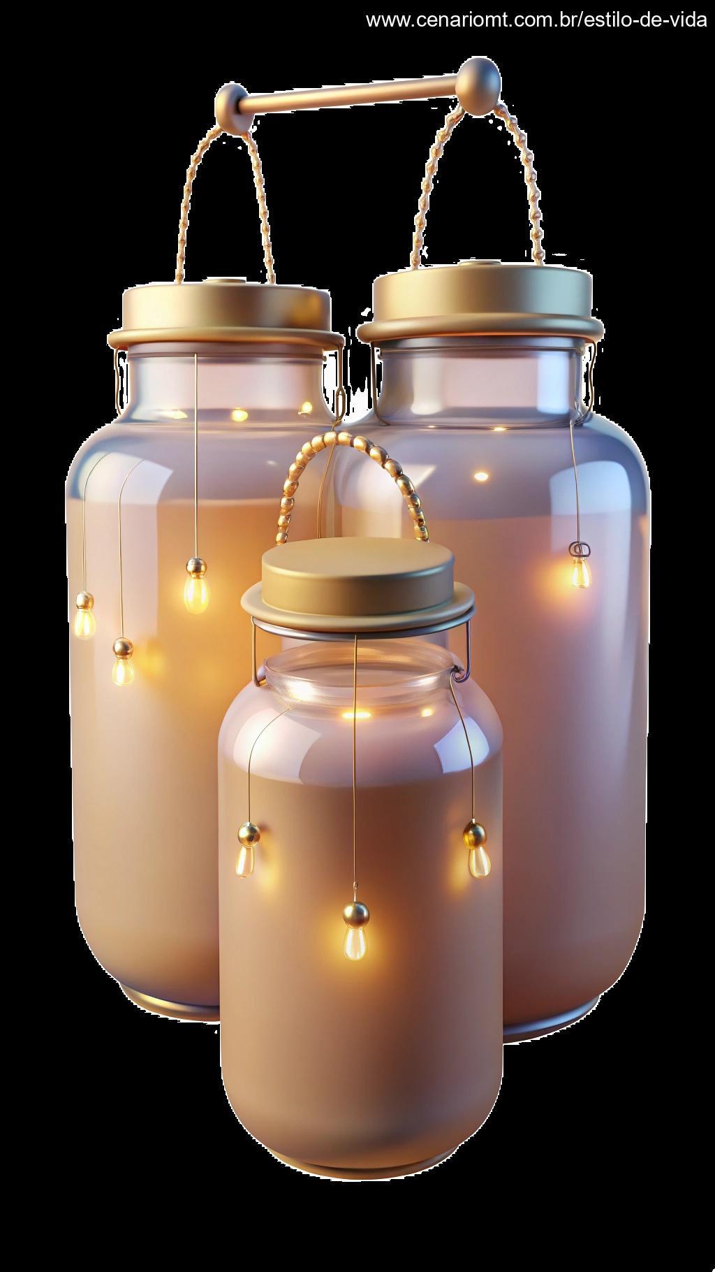Luminárias feitas de potes de vidro, decoradas com luzes para festa infantil.