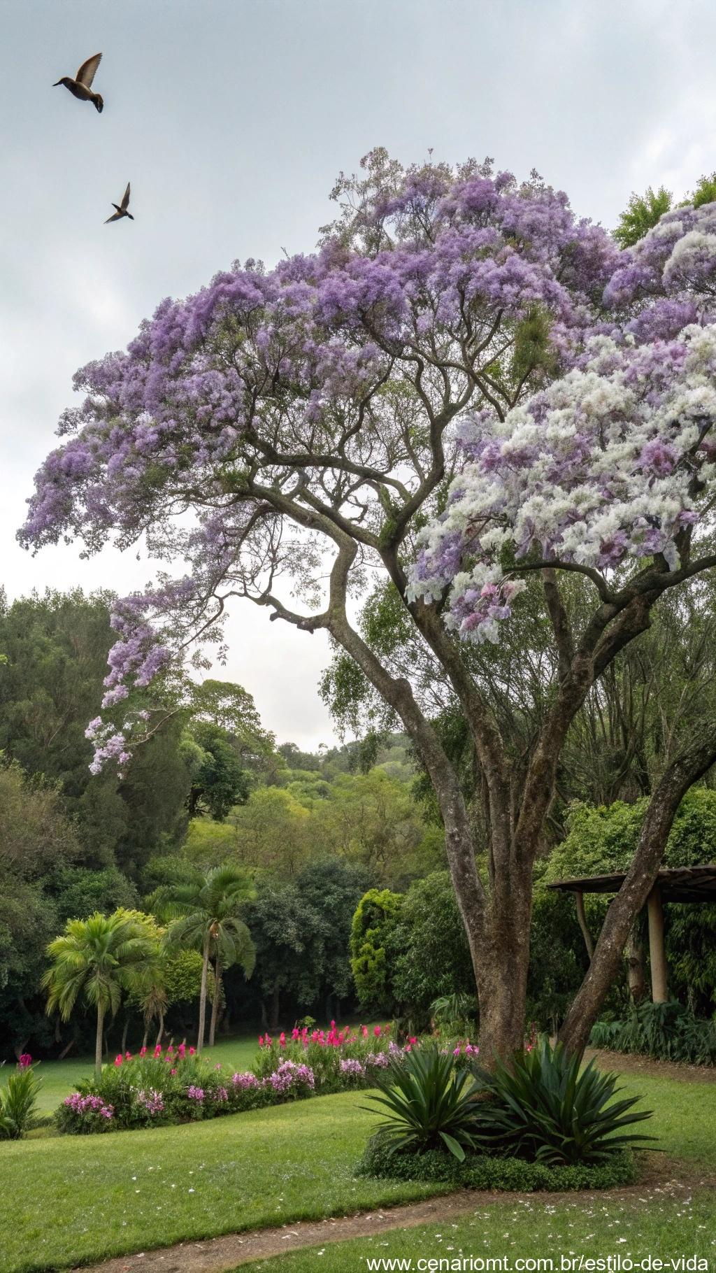 Manacá-da-serra com flores roxas e brancas em jardim