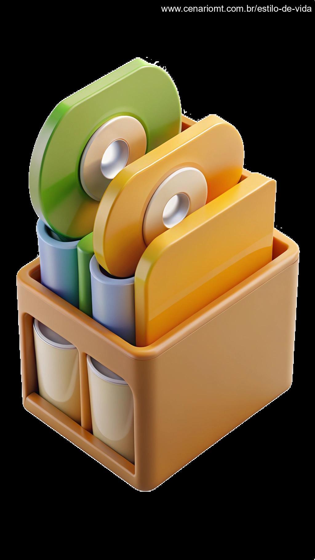 Organizador de CDs e DVDs feito com embalagens Tetra Pak recicladas.