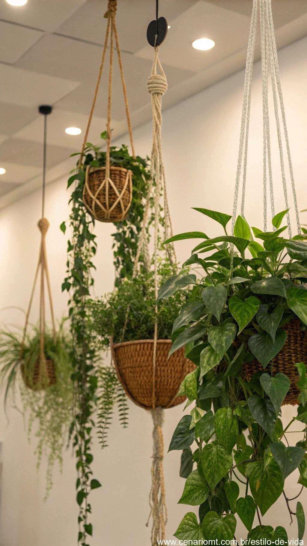 Pendure plantas em diferentes níveis para criar profundidade, mostrando uma sala com plantas suspensas em várias alturas para um visual dinâmico.