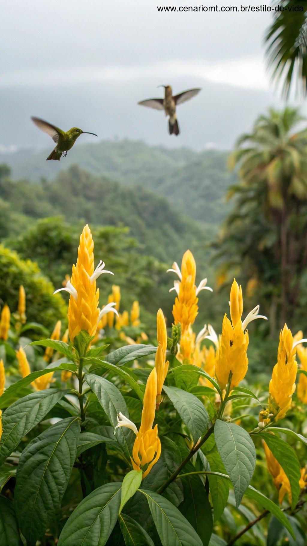 Camarão-amarelo em flor com beija-flores ao redor