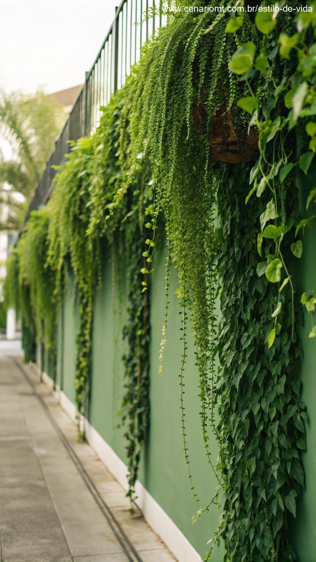 Crie uma parede verde com plantas suspensas, mostrando uma parede verde vibrante feita inteiramente de plantas suspensas.