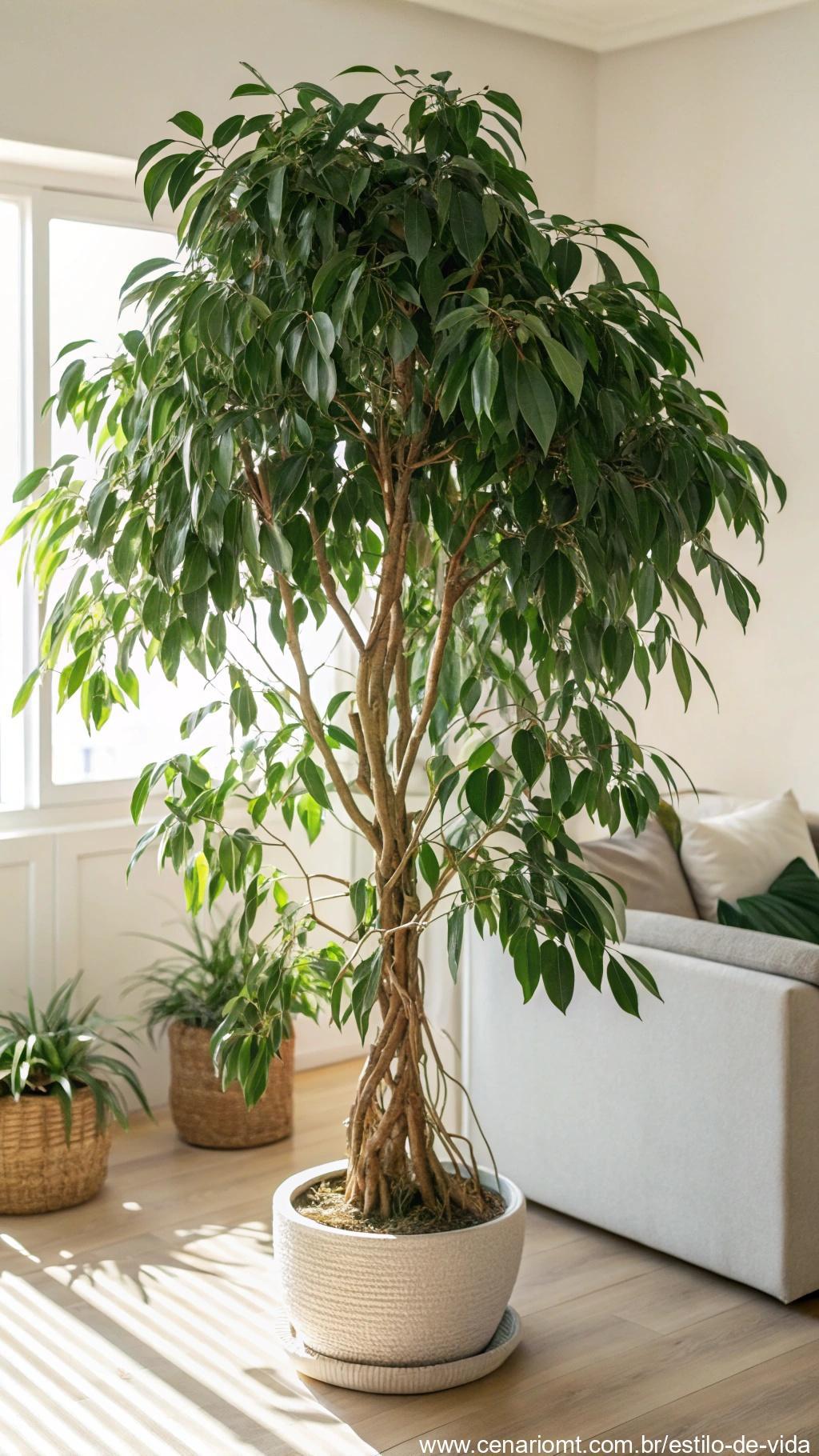 Ficus-benjamina com ramos pendentes e folhas brilhantes