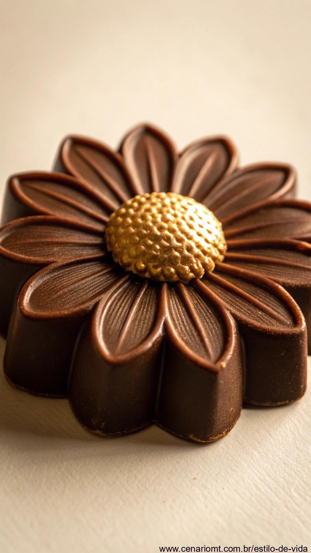 Flor de Chocolate com pétalas marrons e centro dourado