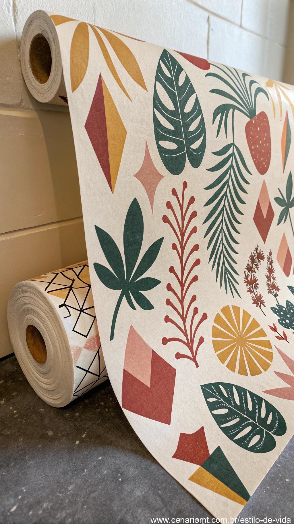 Papel reciclado com estampas abstratas, oferecendo um design ousado e artístico para qualquer ambiente.