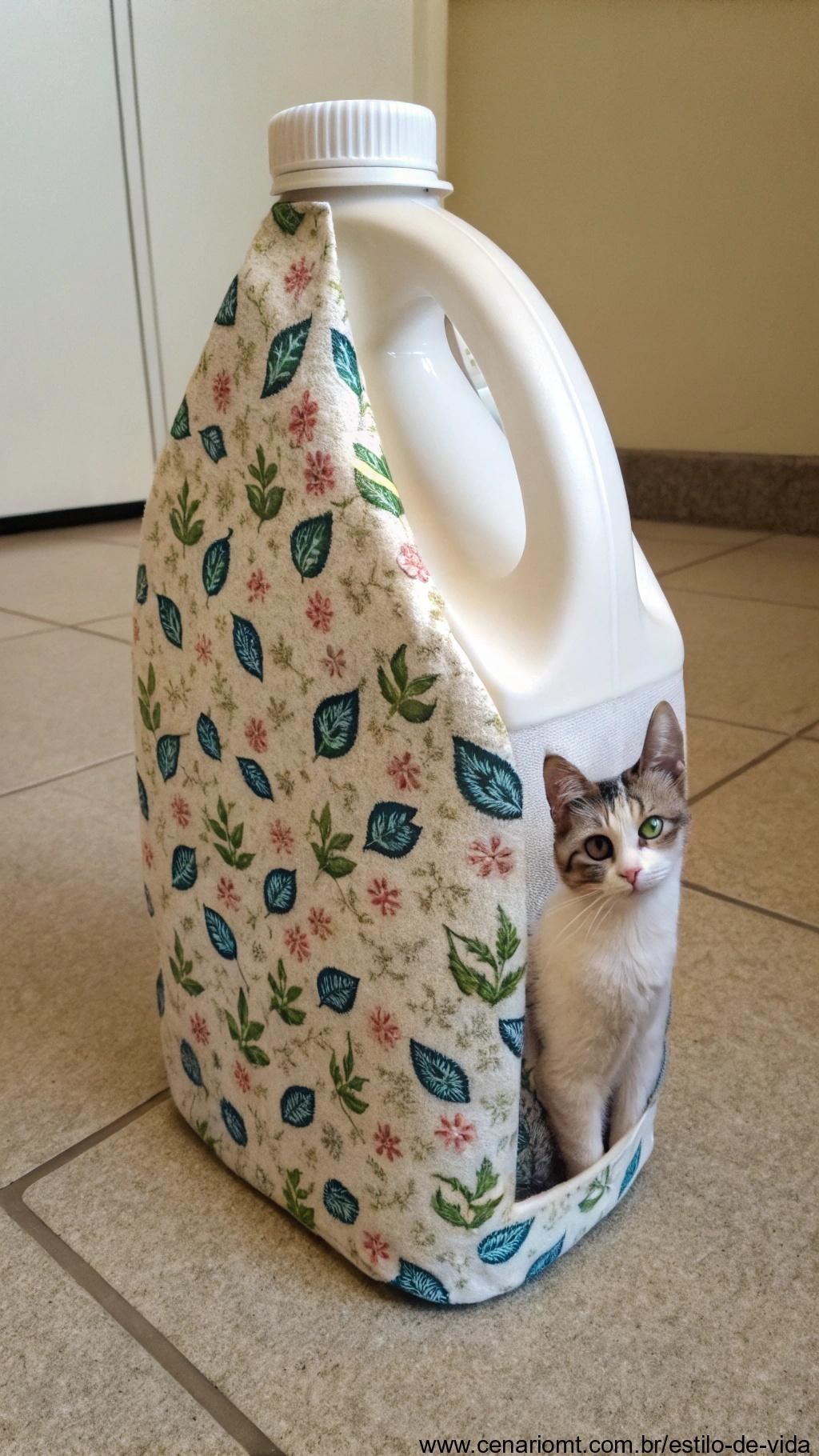 Recipiente para areia de gato feito com embalagem de amaciante