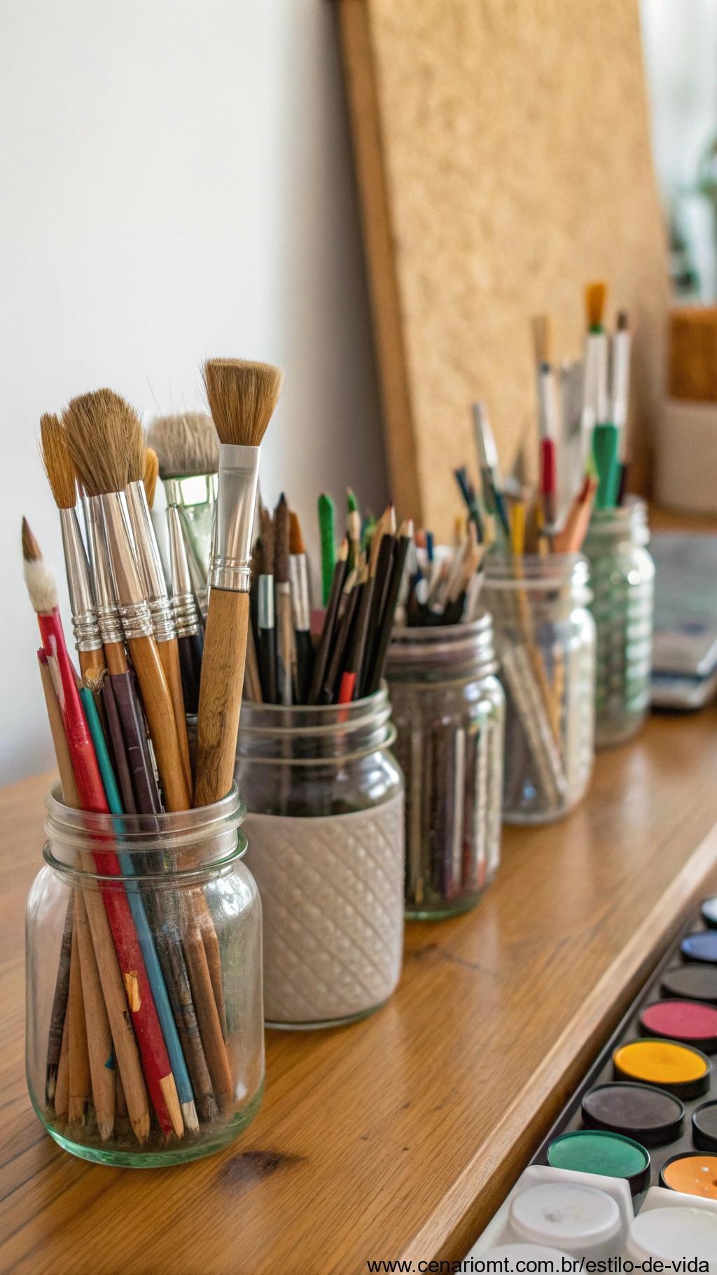 Potes de vidro usados para armazenar pincéis e materiais de arte.