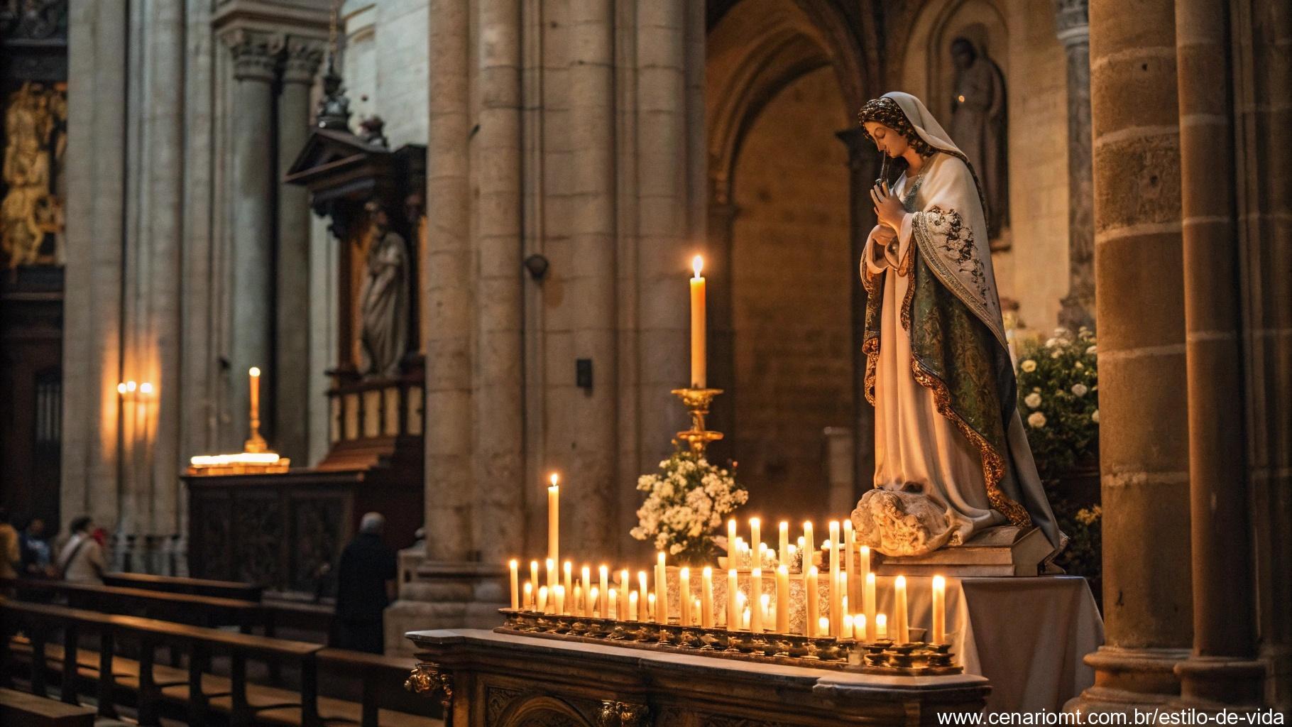 Altar histórico com velas e estátua venerada