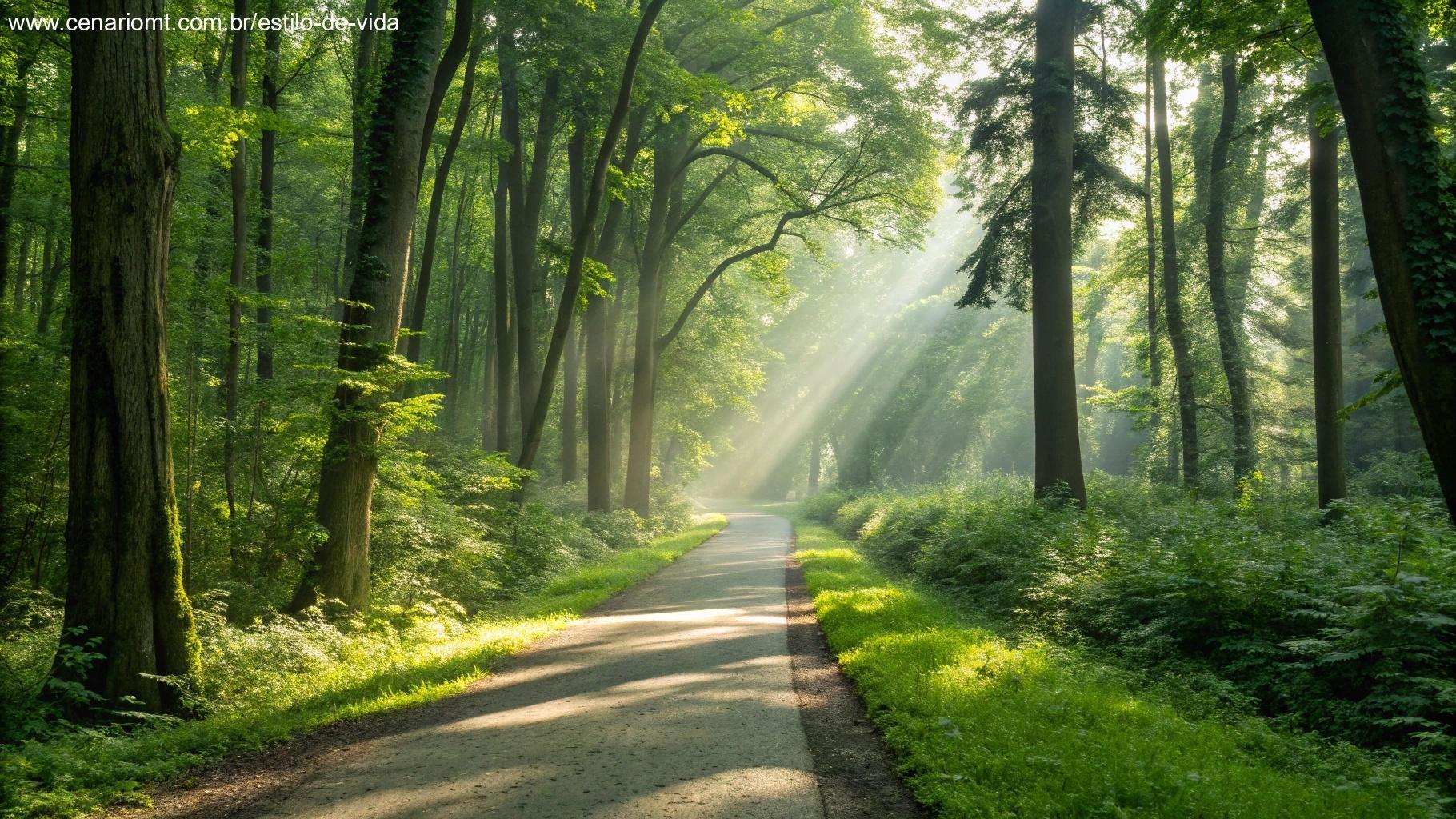 Caminho através de uma floresta verdejante com raios de luz atravessando as árvores