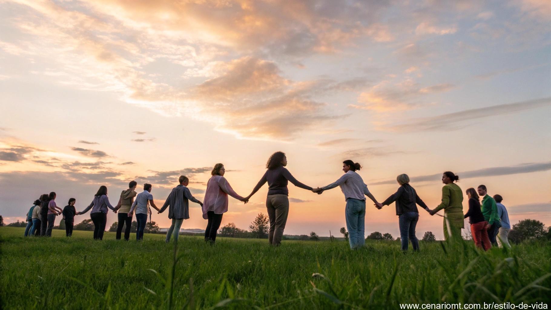 Diversas mãos unidas em círculo contra o fundo de um nascer do sol