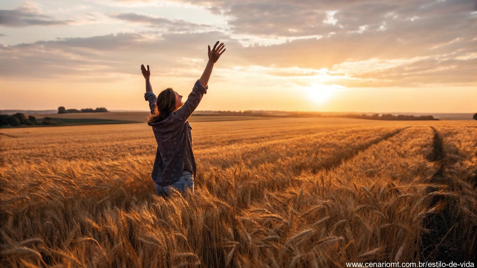 Campo de trigo ao pôr do sol com mãos levantadas em gratidão