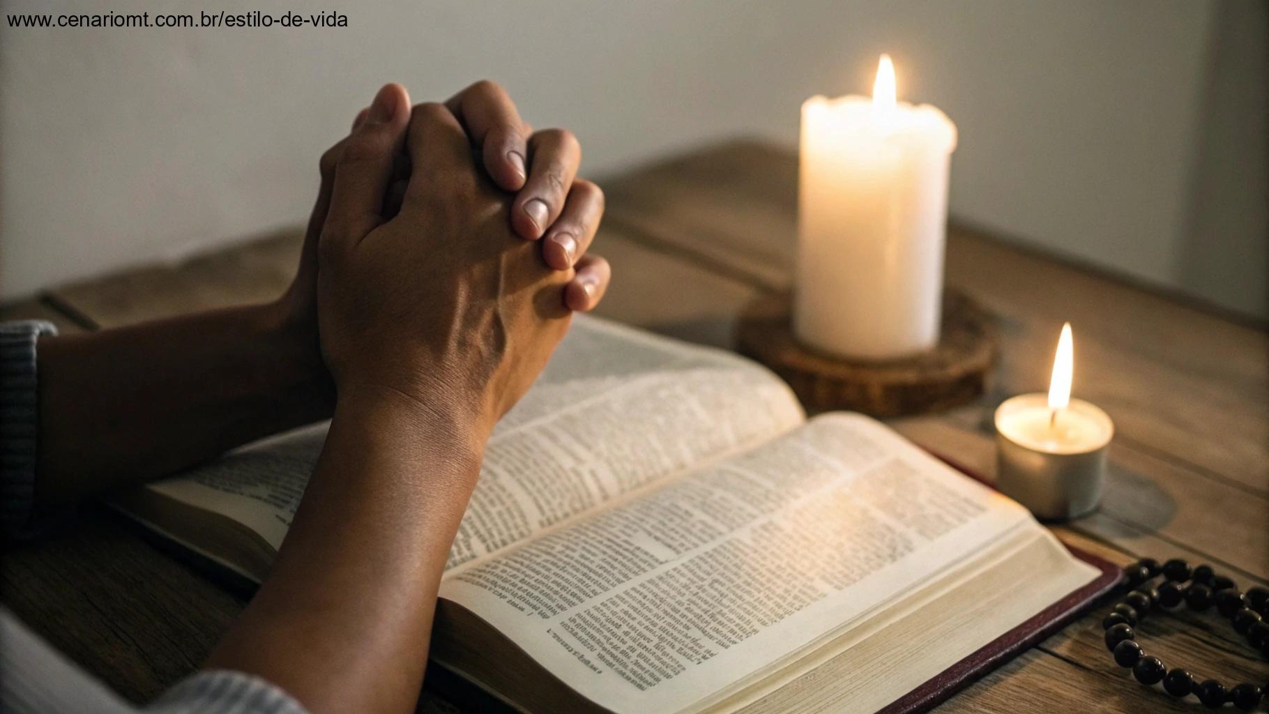 Mãos unidas em oração sobre uma Bíblia aberta com luz de vela