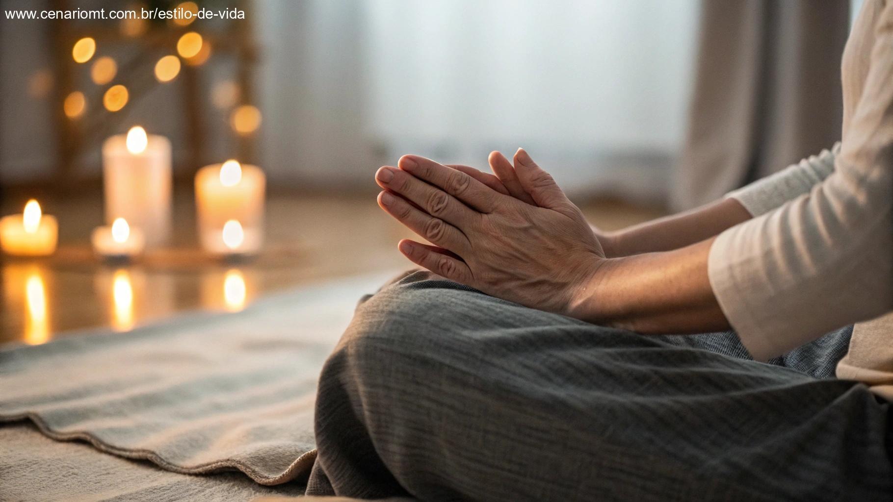 Cena pacífica de mãos unidas repousando sobre um tecido, luz suave de vela ao fundo criando uma atmosfera acolhedora e meditativa