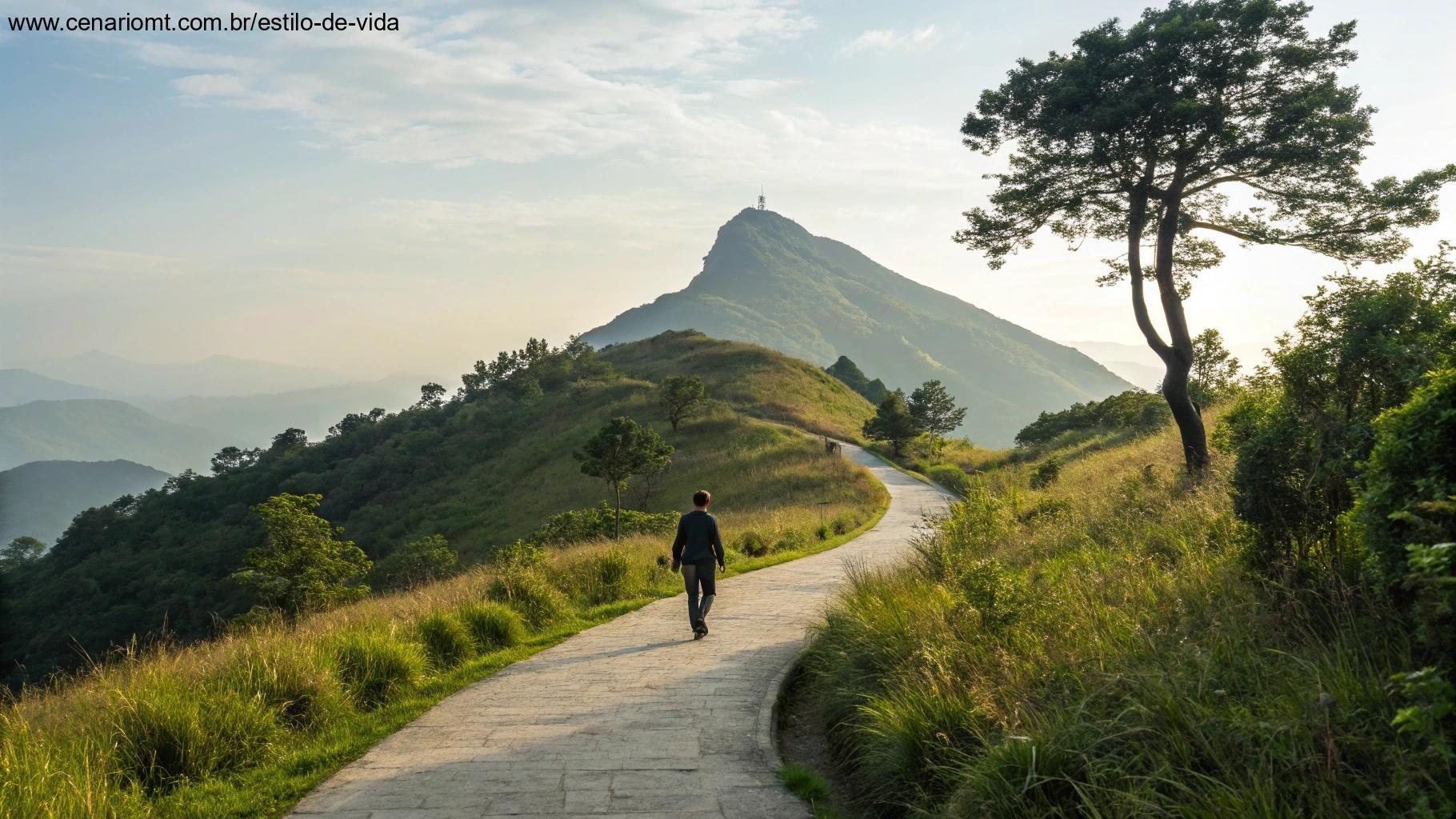 Imagem de uma paisagem montanhosa serena, com uma pessoa caminhando em direção ao topo.