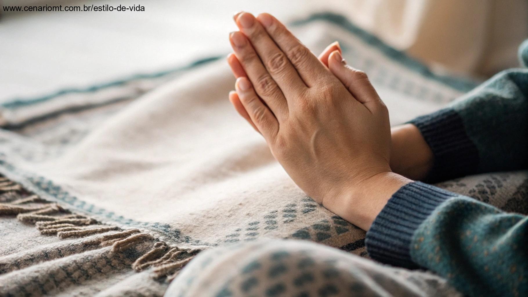 Mãos postas sobre um tecido texturizado com fundo desfocado, representando oração silenciosa e conexão espiritual