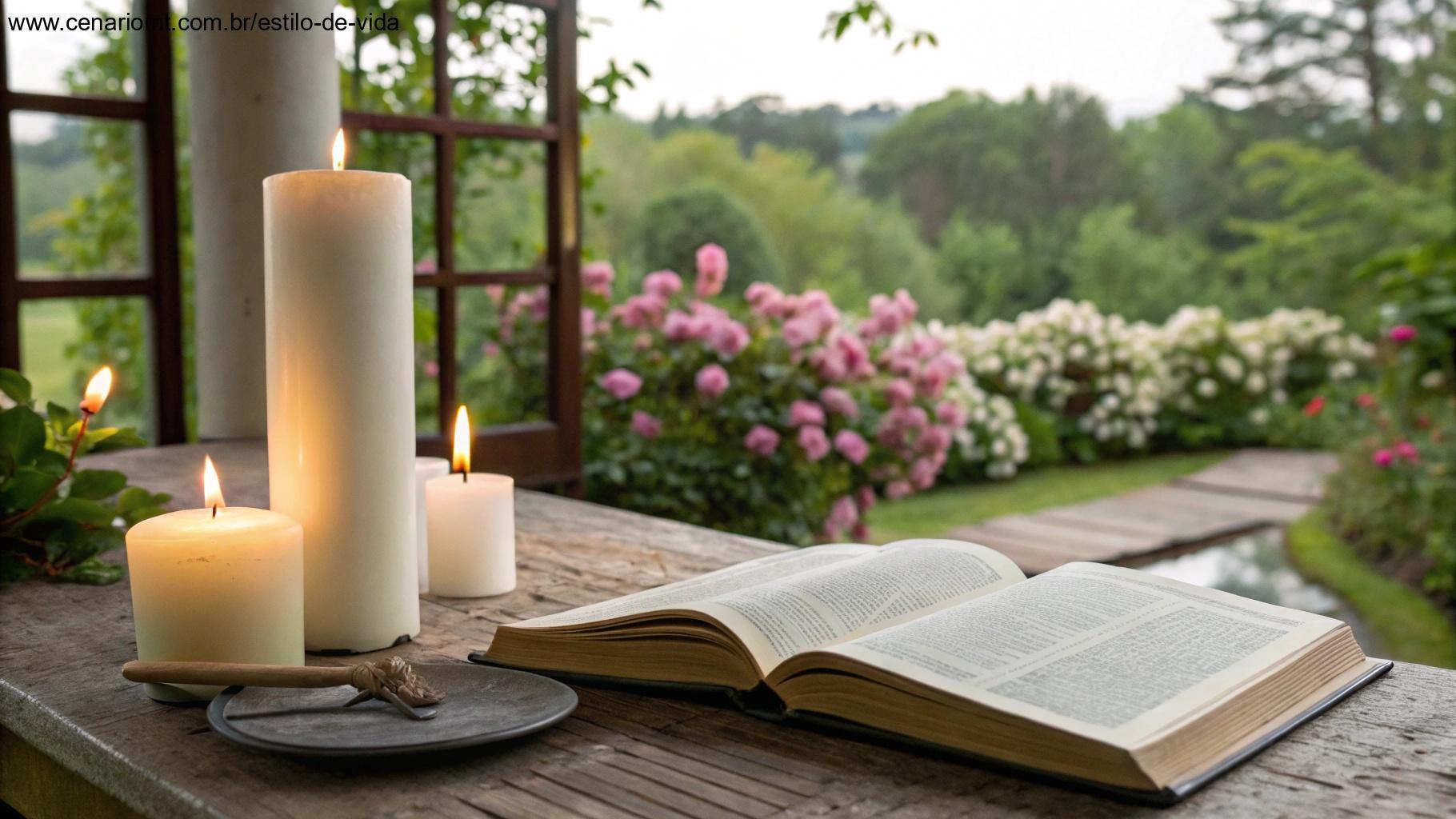 Imagem serena de oração e devoção diária, com velas e elementos espirituais.