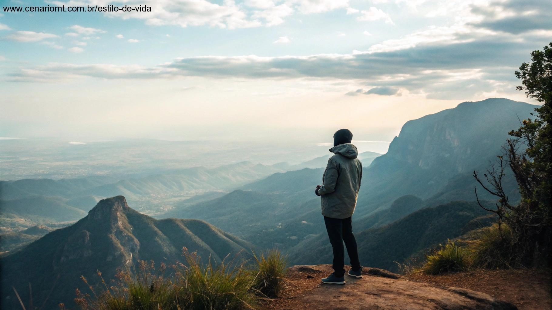 Pessoa em pé na beira de uma montanha, olhando para a vasta paisagem.