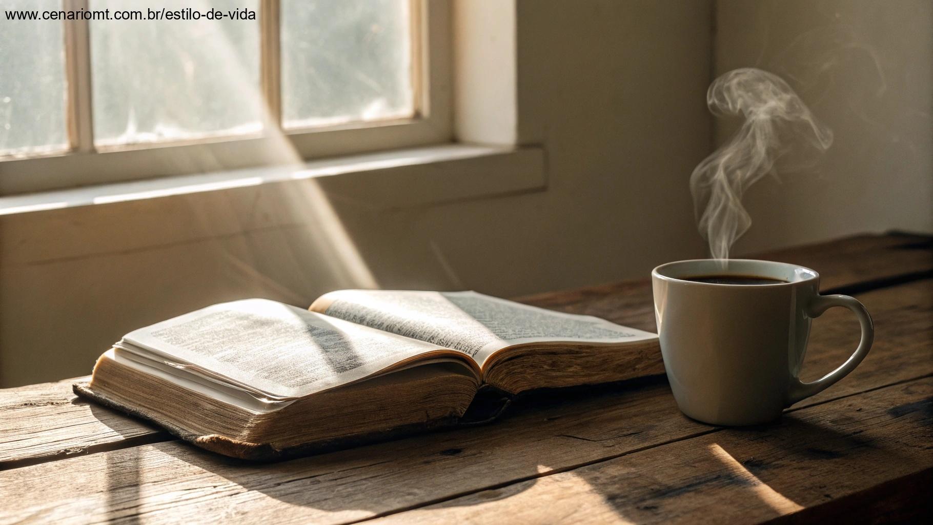 Bíblia desgastada ao lado de uma xícara de café fumegante em uma mesa de madeira com luz matinal