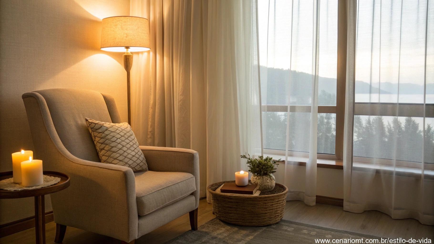 Um quarto tranquilo com luz suave e uma cadeira confortável, incentivando a contemplação diária e reflexão, com foco na solidão pacífica e na paz interior.