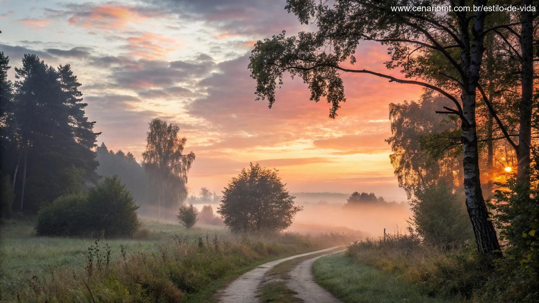 Paisagem matinal tranquila com a luz suave do amanhecer iluminando um caminho na floresta, simbolizando a importância de buscar a presença de Deus todos os dias.