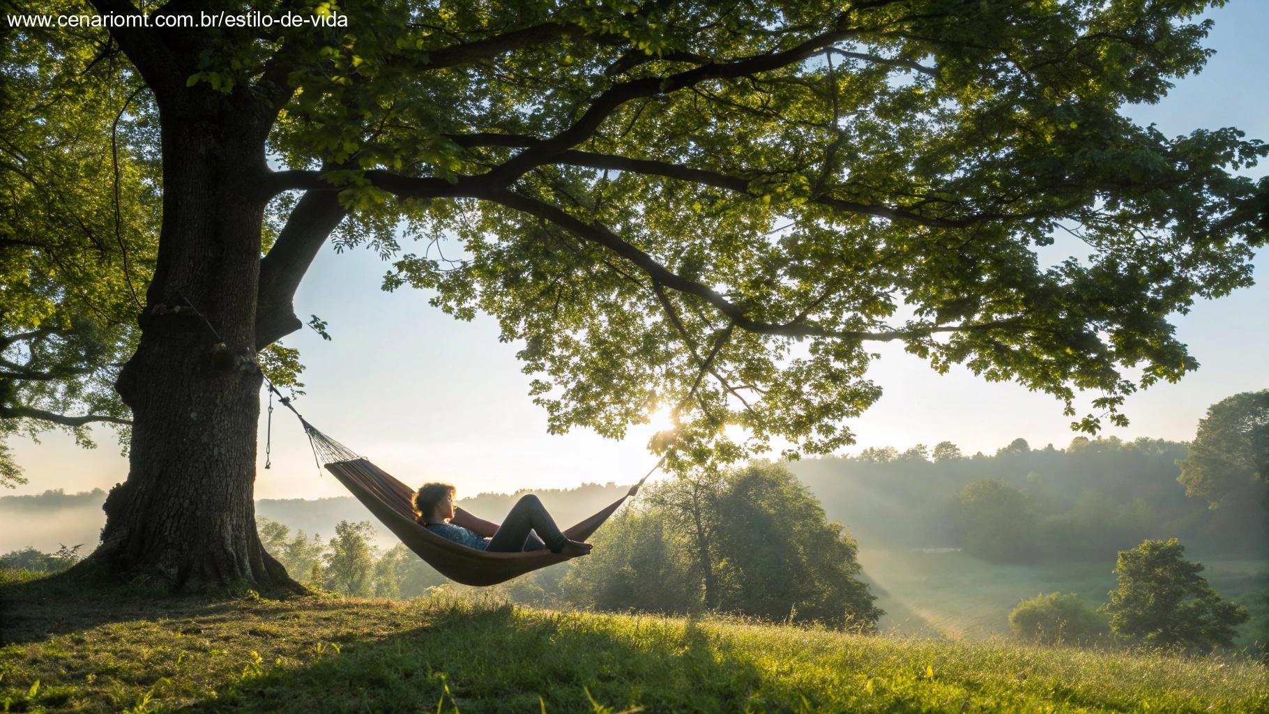 Cena tranquila de uma pessoa descansando em uma rede sob a sombra de uma árvore grande, com a luz suave do sol filtrando pelas folhas, simbolizando a importância do descanso e relaxamento.
