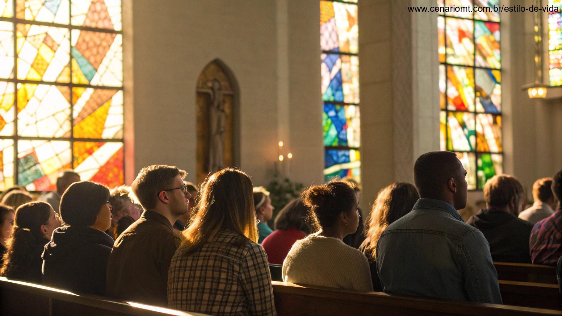 Grupo diversificado de pessoas reunidas em uma igreja, ouvindo atentamente a leitura do Evangelho, com luz aconchegante passando pelos vitrais