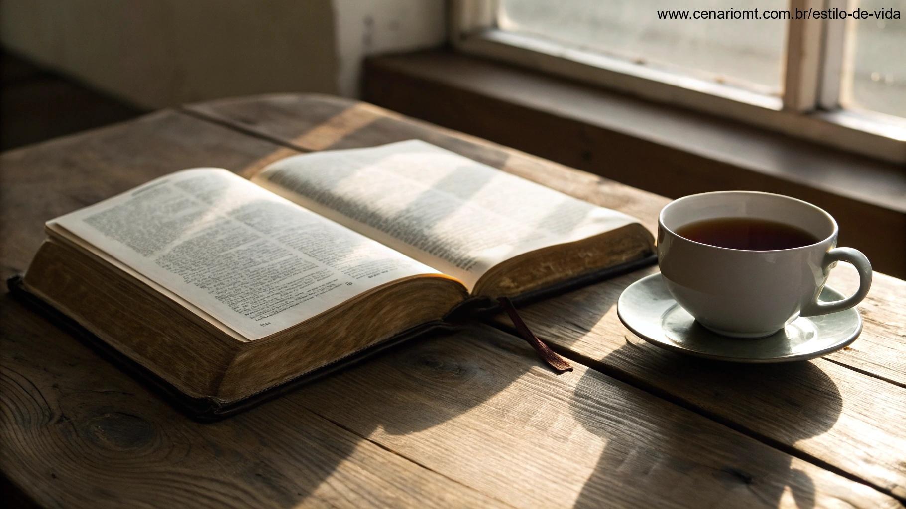 Livro antigo em couro aberto em uma mesa de madeira ao lado de uma xícara de chá, com raios de sol suaves iluminando as páginas