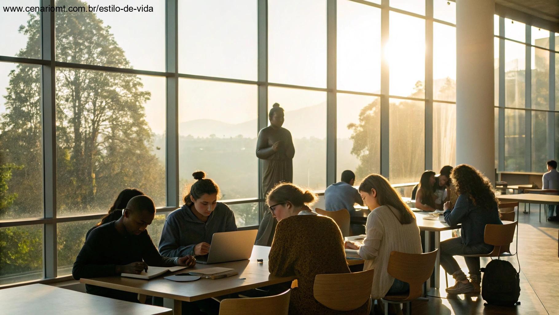 Sala de aula moderna com alunos diversos colaborando, luz do sol entrando pelas janelas, com silhueta sutil de figura religiosa observando ao fundo