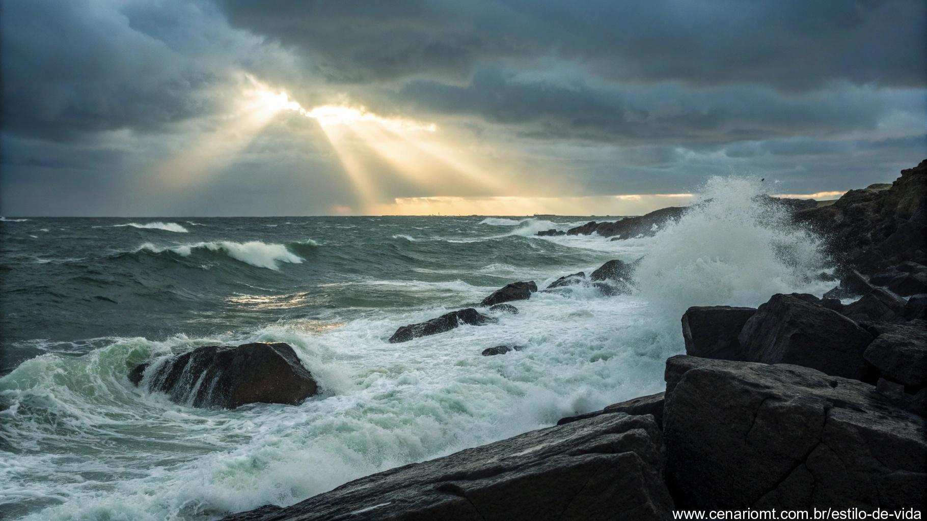 Mar revolto com ondas quebrando contra rochas escuras, enquanto um único raio de sol atravessa as nuvens ao longe