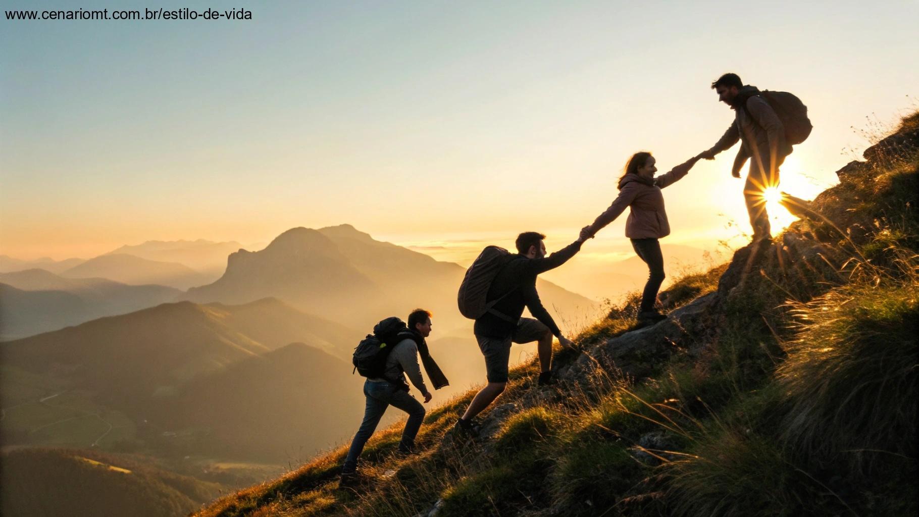 Grupo ajudando-se em trilha montanhosa ao amanhecer