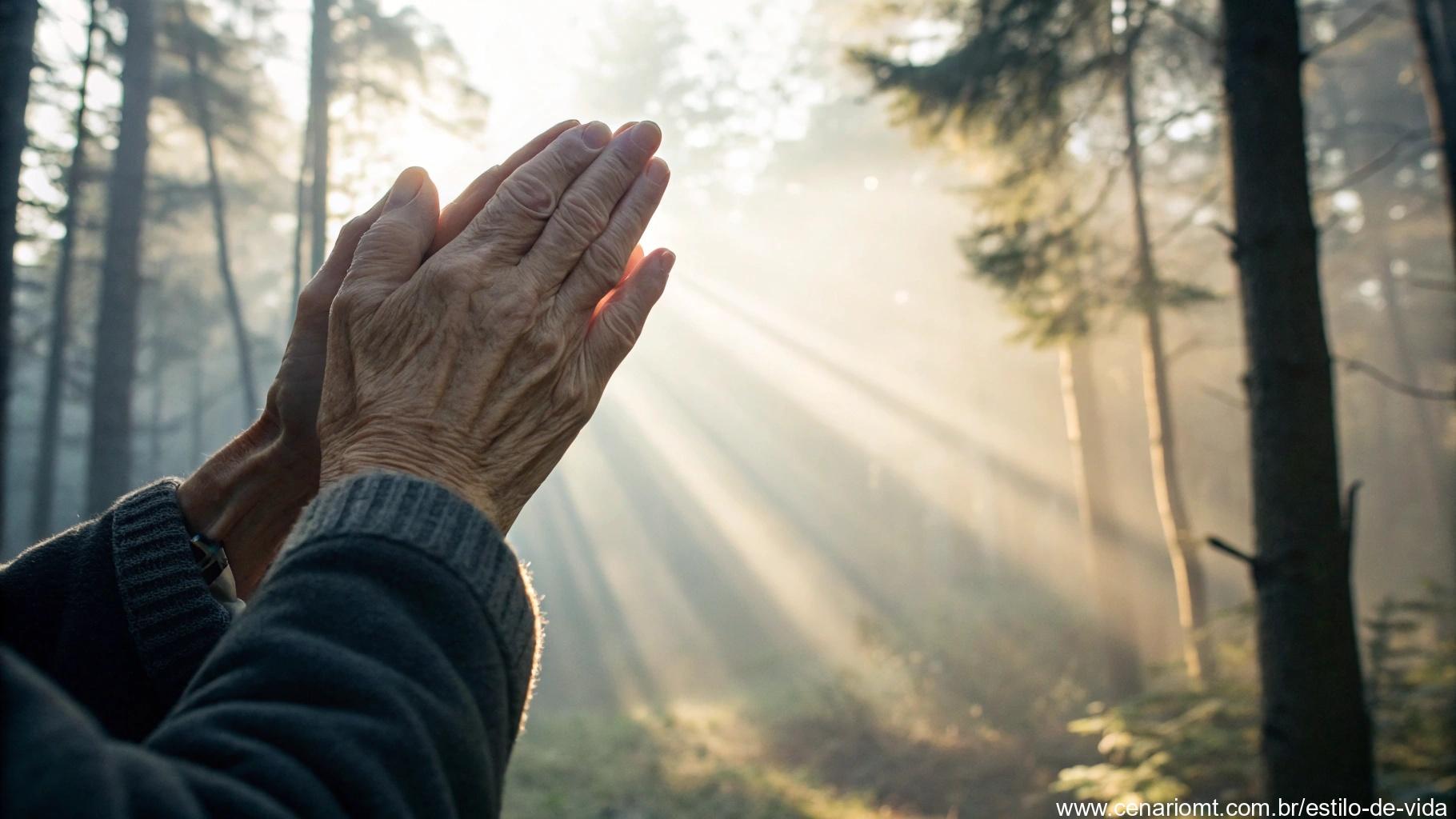 Mãos envelhecidas em oração com névoa matinal ao fundo