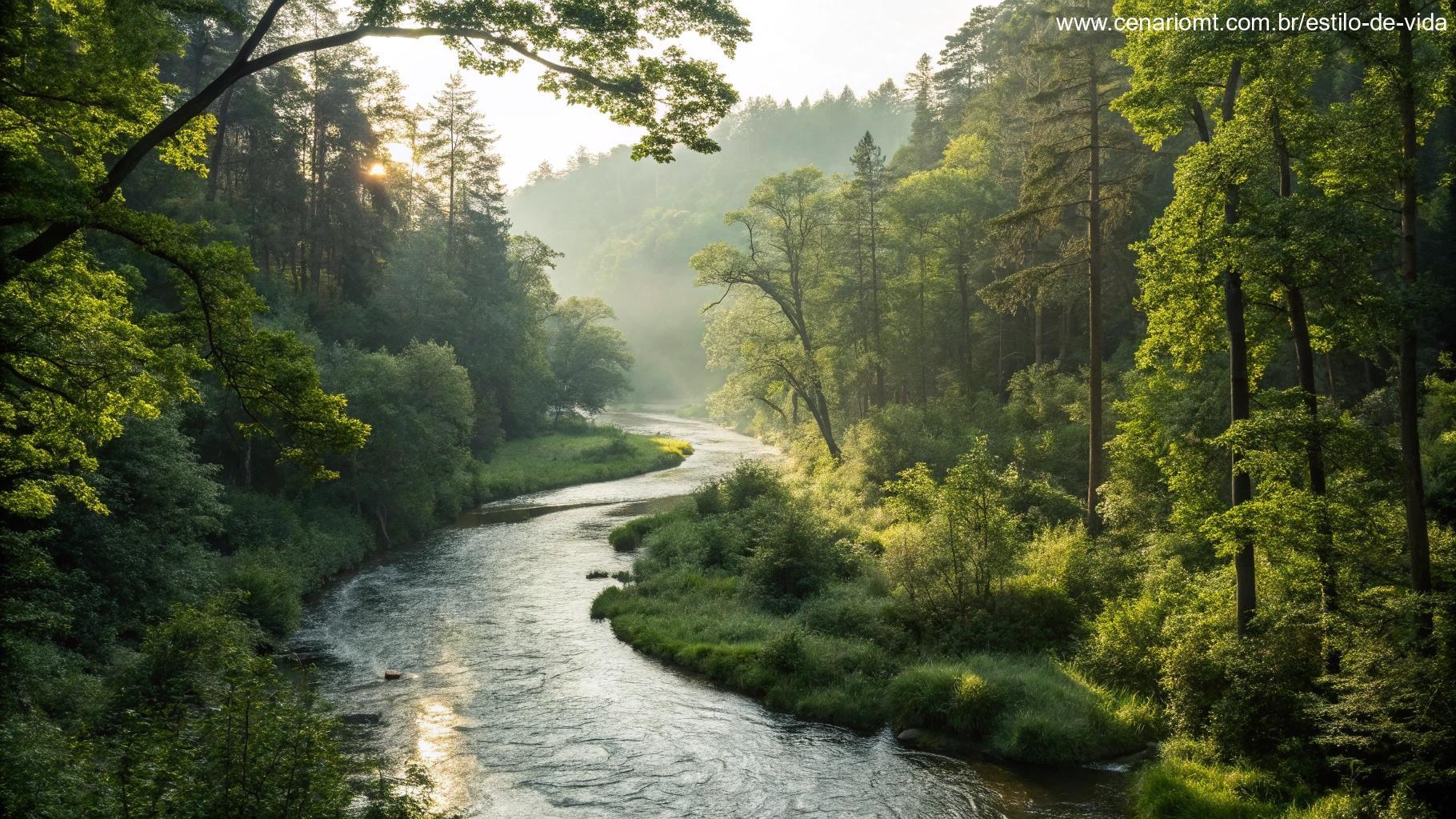 Rio sinuoso através de uma floresta exuberante, com luz filtrando pelas árvores, simbolizando a palavra de Deus como guia.