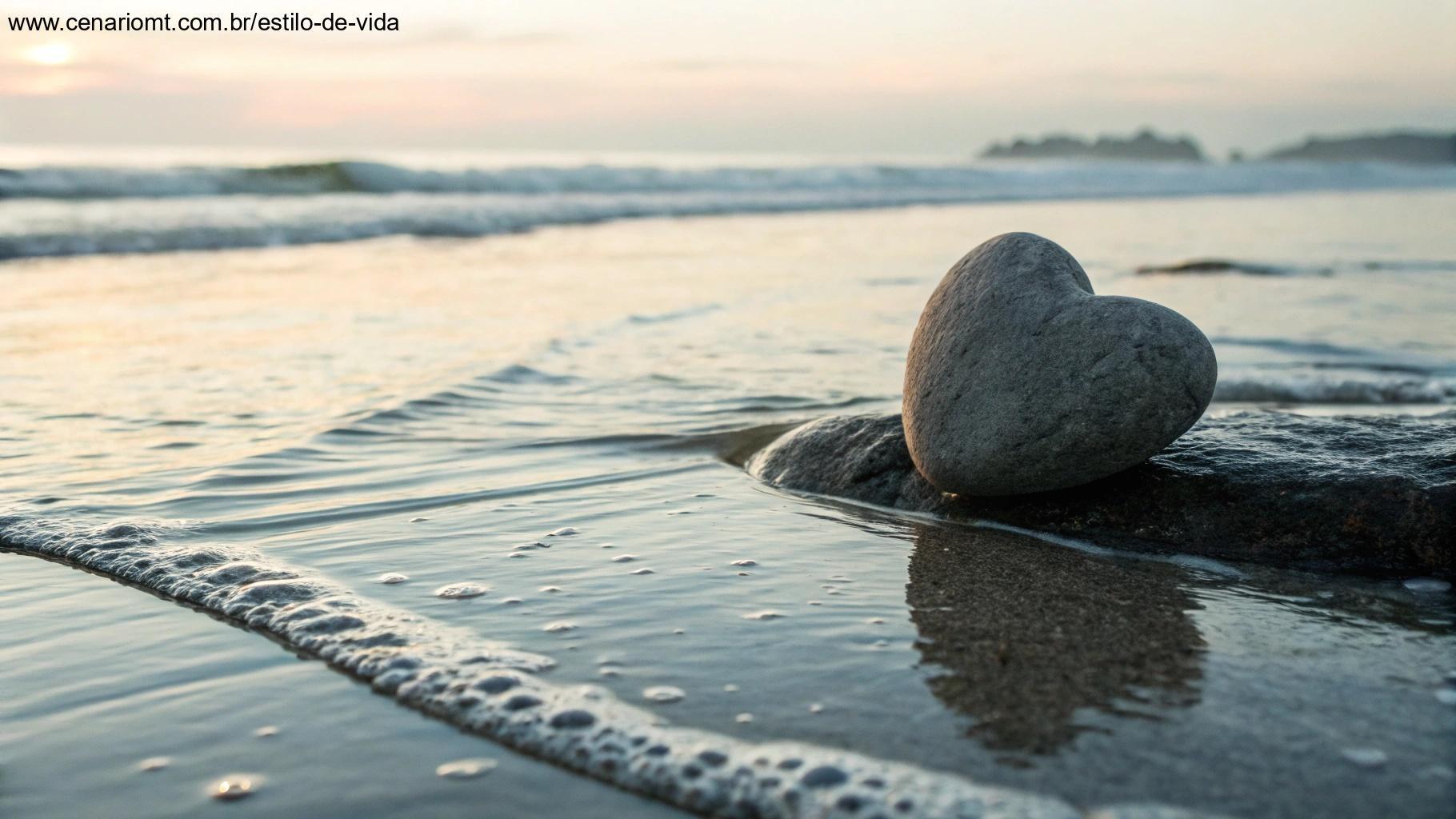 Uma imagem calma e serena de uma pedra em forma de coração descansando sobre uma superfície lisa, cercada por ondas suaves, simbolizando a paz no coração